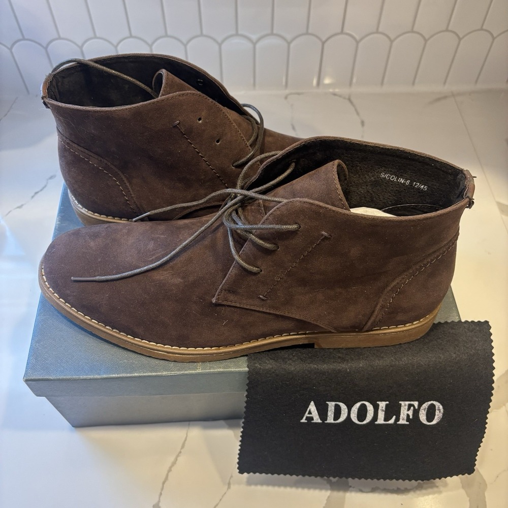 Adolfo Chukka Men's Sz 12 Lace Up Ankle Boots Brown Leather Lined Faux Suede NIB